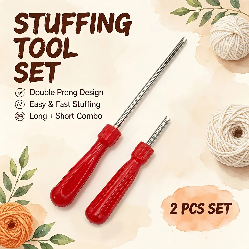 Two red-handled stuffing tool probes with long and short metal shafts, displayed on a light beige watercolor background with decorative yarn balls, leaves, and text reading 'STUFFING TOOL SET' and '2 PCS SET'.