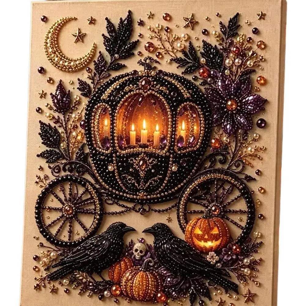 A square beaded canvas art piece featuring a Halloween theme with a black carriage with glowing candles, two black crows, orange jack-o'-lanterns, and a gold crescent moon on a beige background.