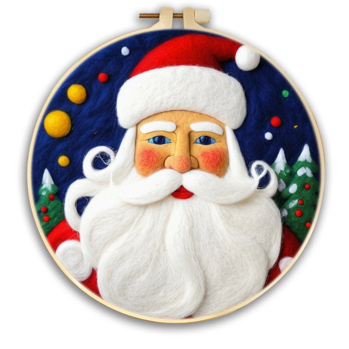 Needle felted vintage Santa with show capped evergreen trees, a dark blue sky with a few colored baubles in a hoop frame.