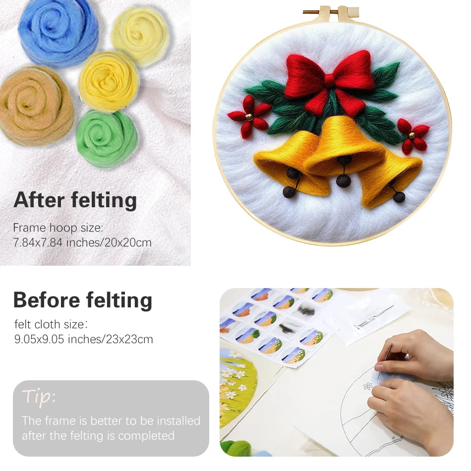 A collage showing wool roving, a completed circular felt hanging with gold bells, red flowers, and green leaves, a red bow, plus text showing dimensions after and before felting and a small inset of hands working on a felting project.