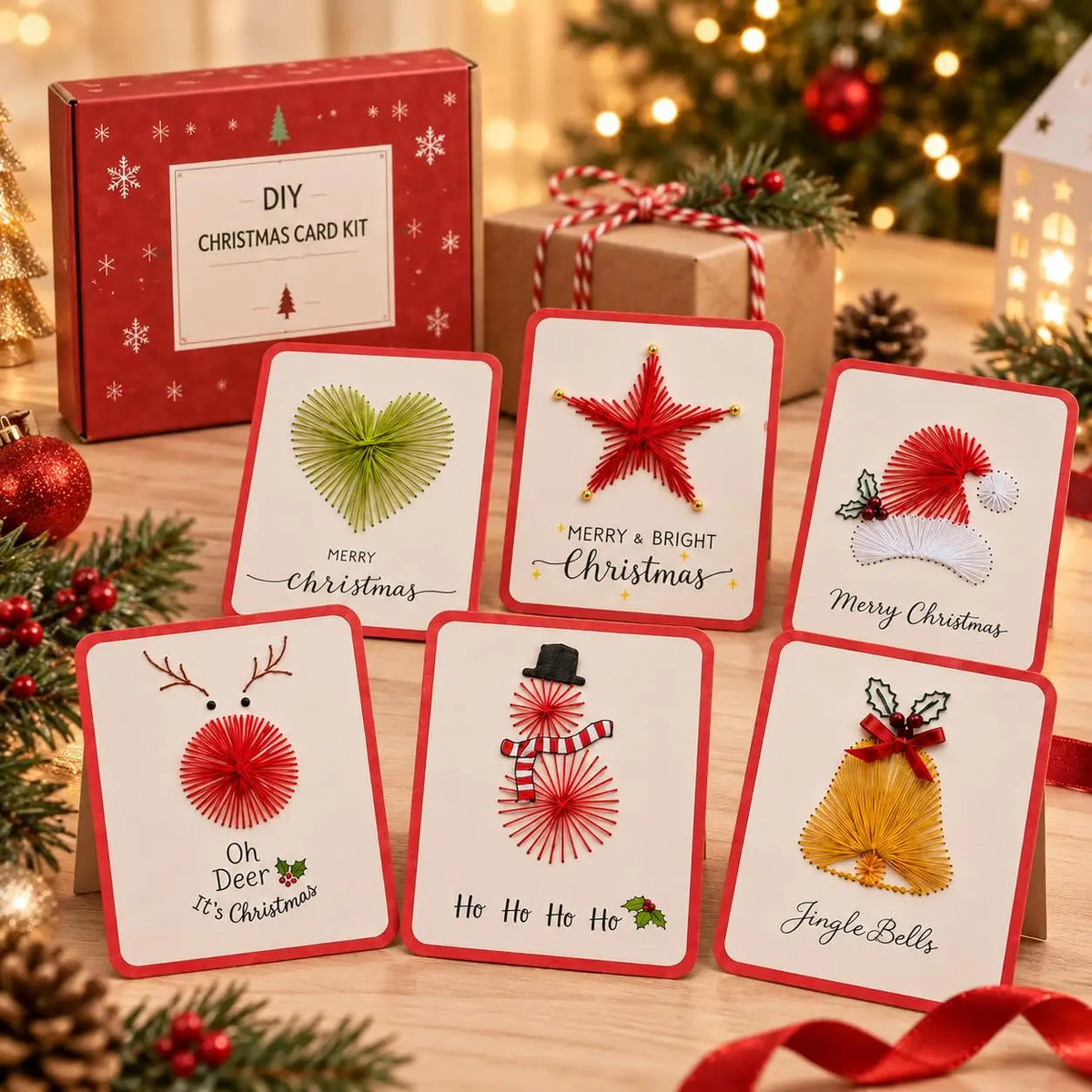A Christmas DIY card kit displayed with six finished greeting cards featuring festive designs like a green heart, red star, Santa hat, reindeer, snowman, and jingle bells, alongside a red patterned box labeled 'DIY CHRISTMAS CARD KIT'