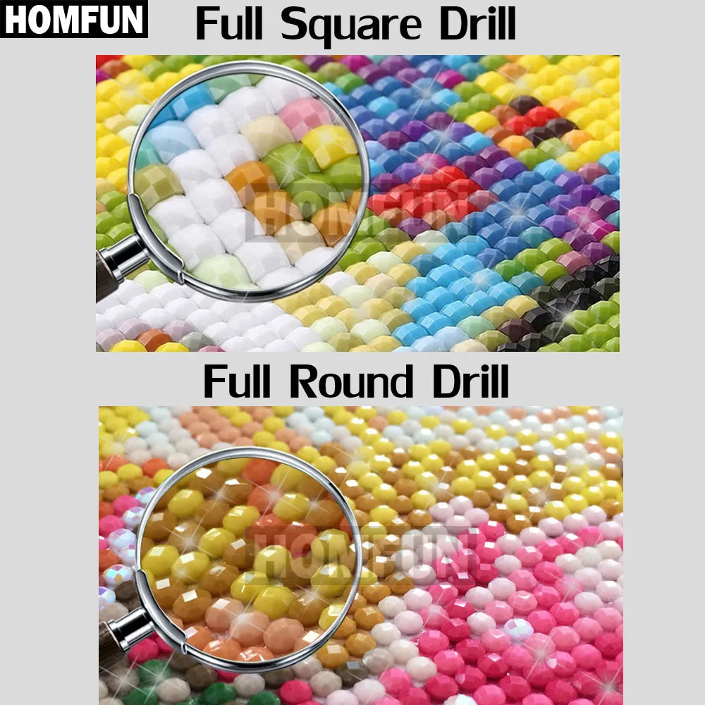 Comparison of full square drill and full round drill on a bead pattern with magnifying glasses.