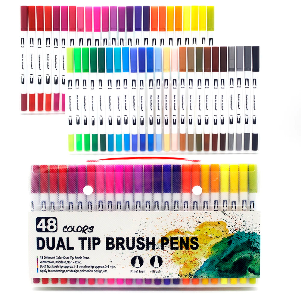 Dual-Tip Watercolor Brush Pens - Available in Sets of 12/24/36/48/60/72/100/120 Colors