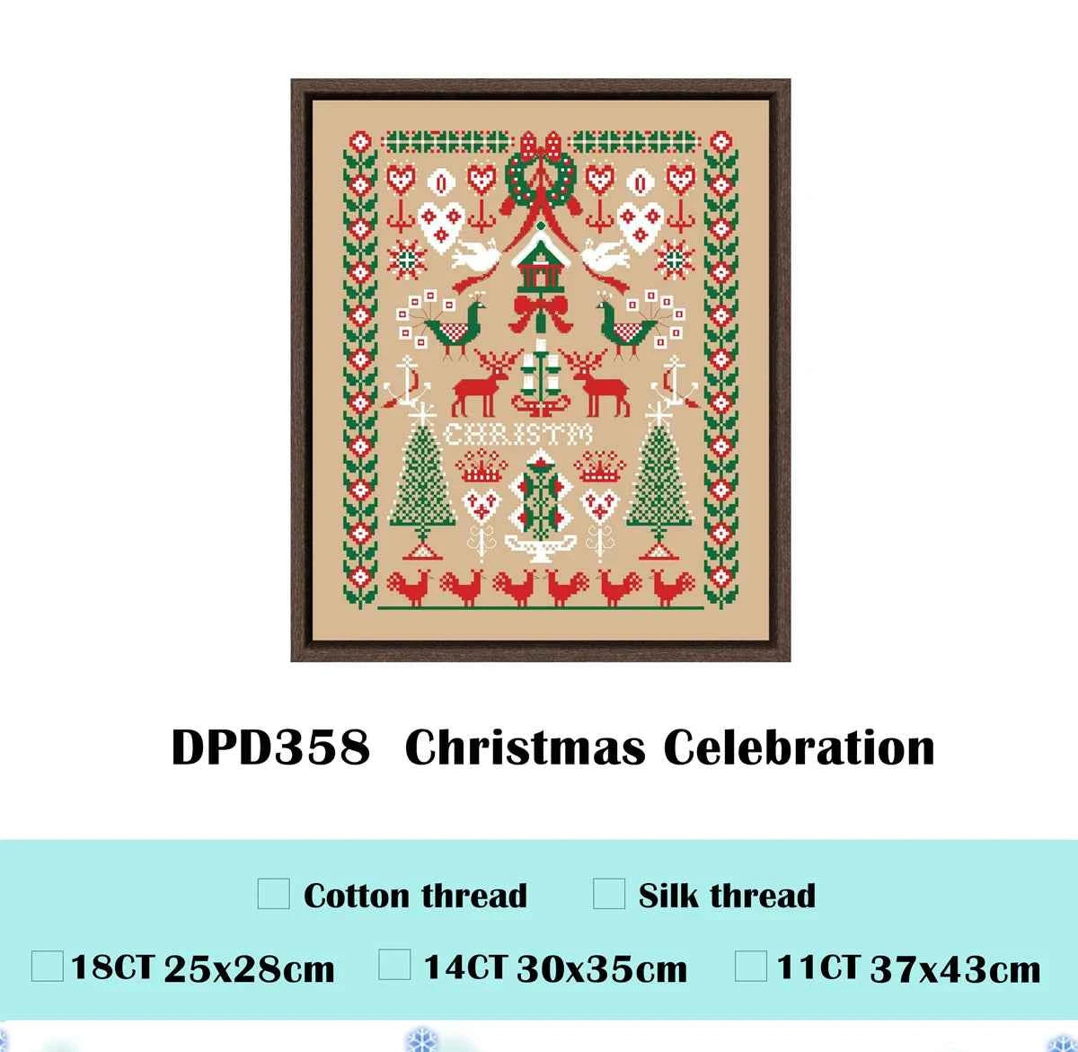 Christmas Celebration Cross Stitch Sampler Kit – Flaxen Canvas in 11ct, 14ct or 18ct