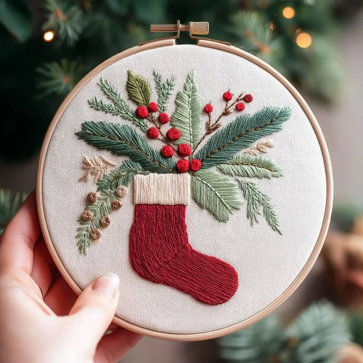 A hand holds a wooden embroidery hoop featuring a festive Christmas stocking design with green pine branches, red berries, and a red stocking on a cream fabric background.