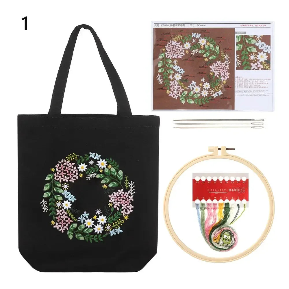 Canvas Tote Bag Embroidery Kit with Flower Pattern and Instructions