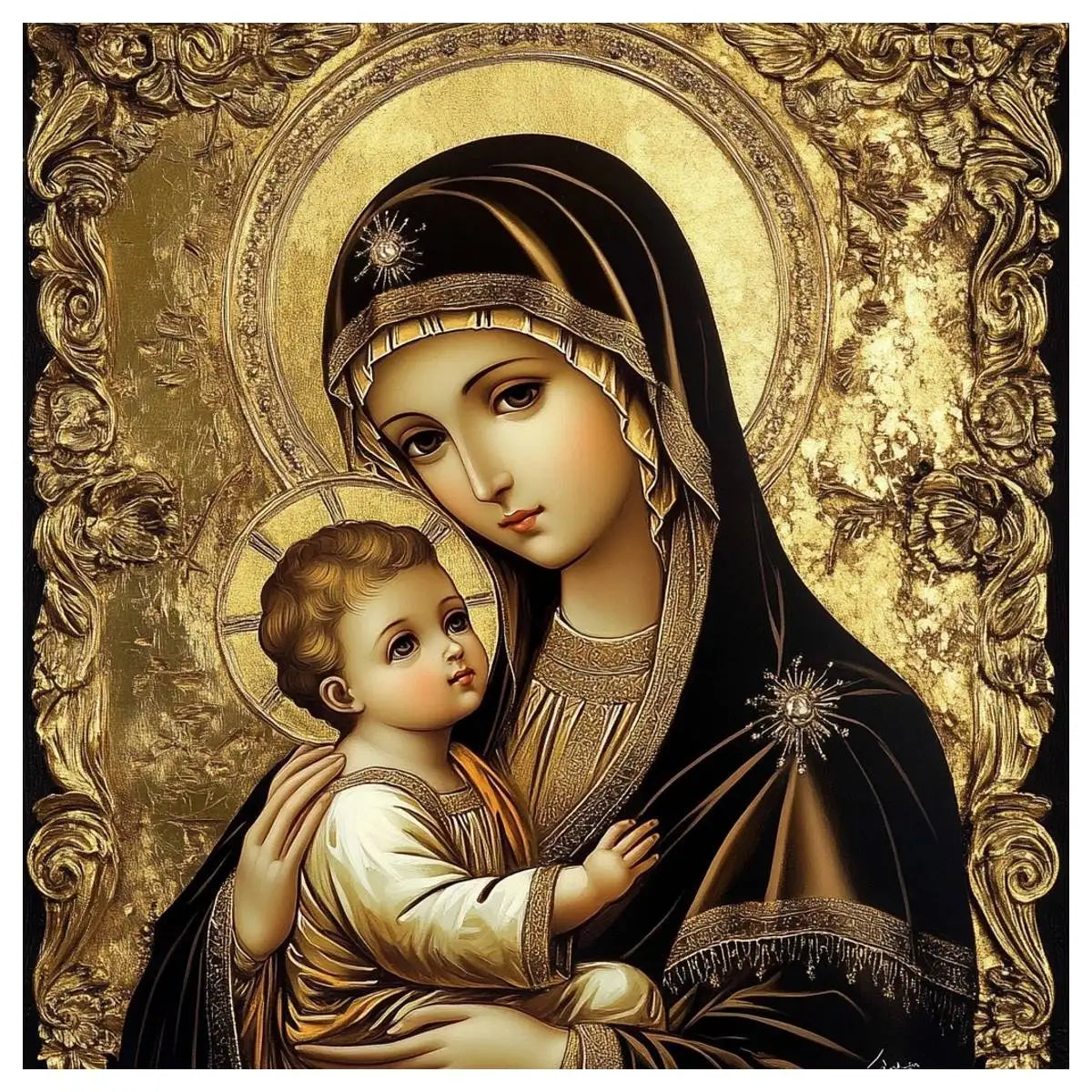 Madonna & Child cross stitch done in an ornate antique style
