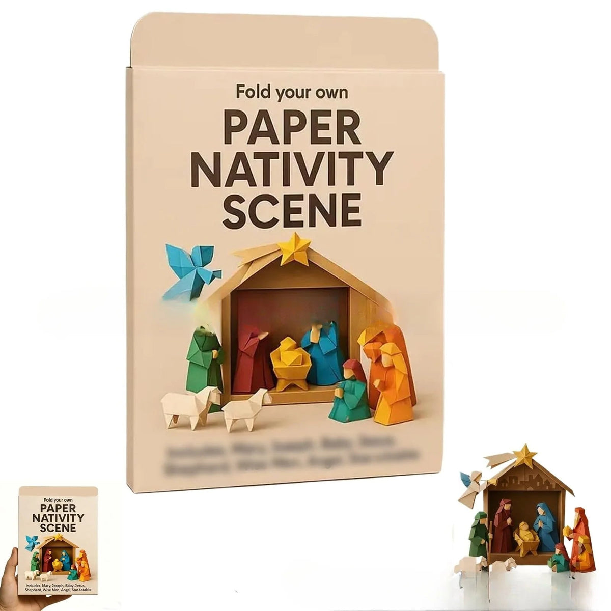 A boxed paper nativity scene kit, with the front cover featuring a colorful origami-style stable scene and the text 'Fold your own PAPER NATIVITY SCENE.' A small assembled nativity set .
