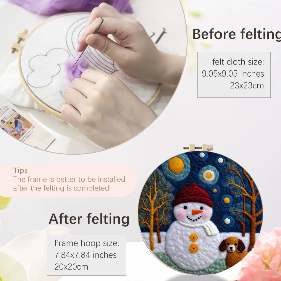 Image showing cloth size before felting 23x23cm and after felting in the hoop frame is 20x20cm