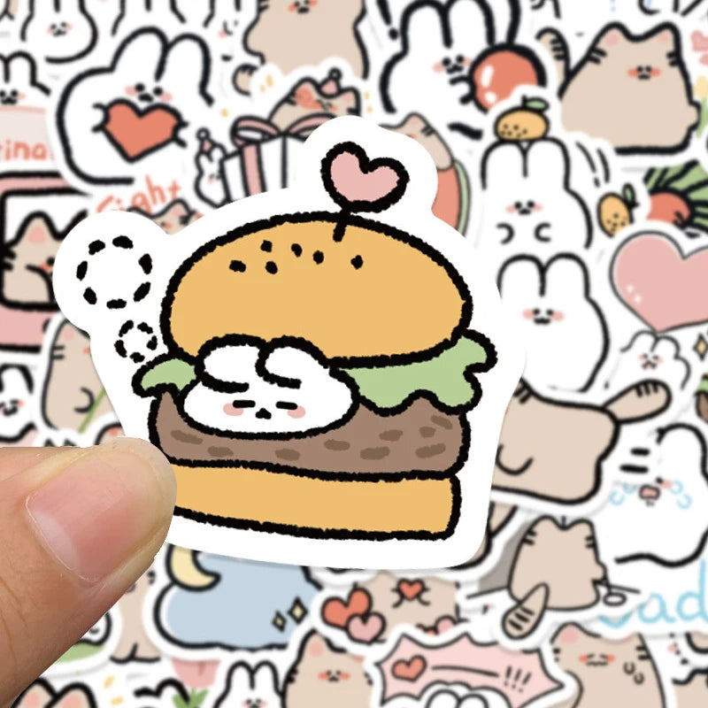 60pcs Cartoon Rabbit & Cat Stickers | Kawaii Hand-Drawn Stickers for Journals & Kids
