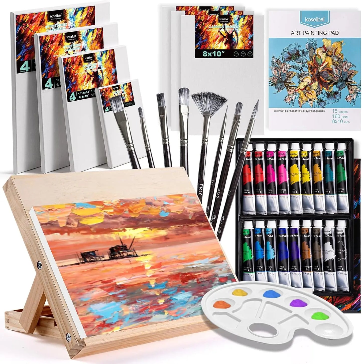 Complete Acrylic Painting Set with 18 Paints, 8 Brushes, 4 Canvases, and Easel