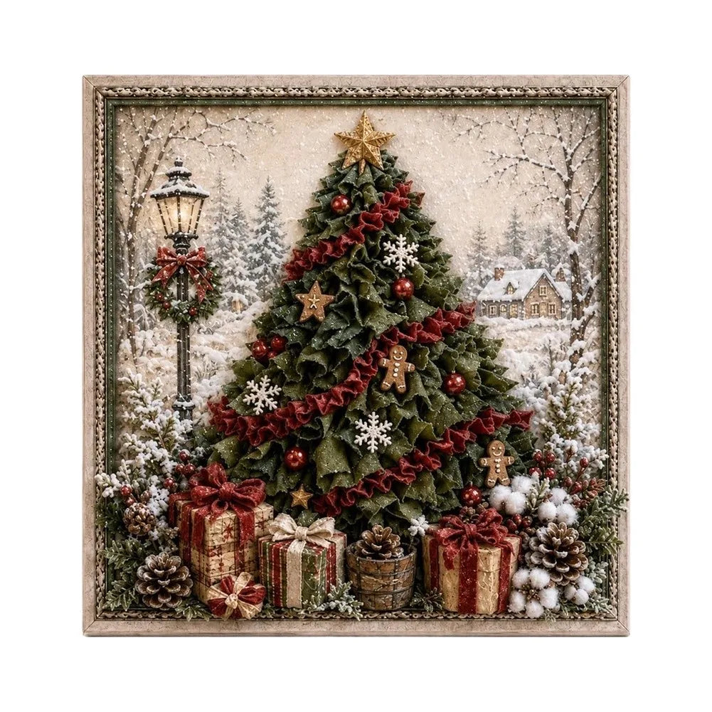 A square framed Christmas punch needle artwork, featuring a decorated evergreen tree with red garlands, ornaments, snowflakes, and a gold star, surrounded by wrapped gifts, pinecones, a street lamp, and a snowy village scene in the background.