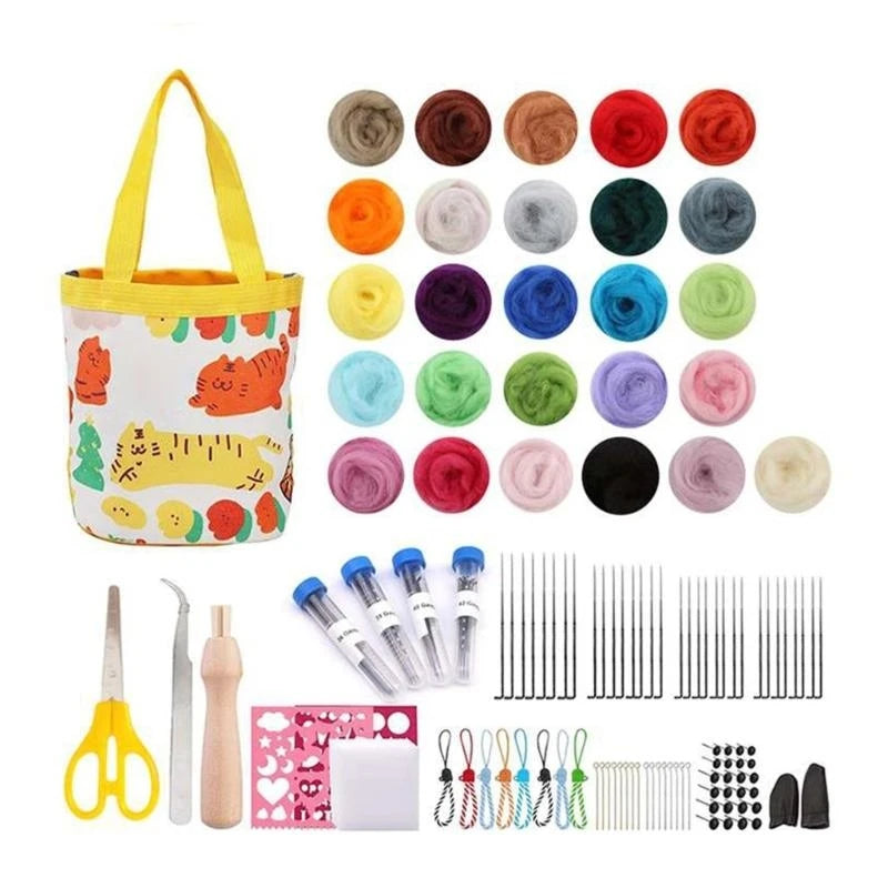 A comprehensive needle felting kit featuring a yellow-handled tote bag multiple balls of colorful wool roving, felting needles, wood felting needle handle, scissors, metal tweezers, and other accessories.