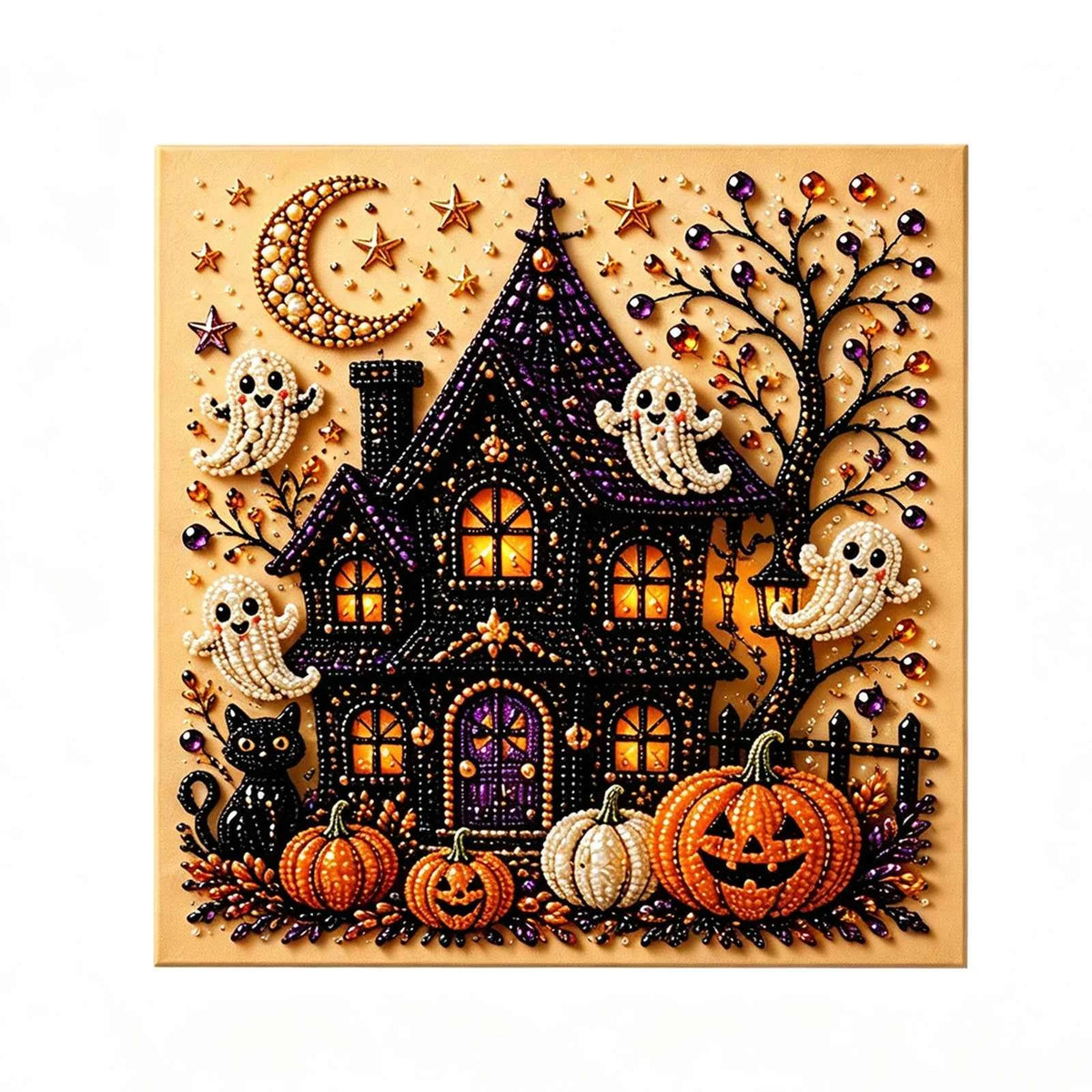 Halloween Pearl Art Kit, High-Gloss Bead Diamond Art in Pumpkin Tree or Ghost Castle