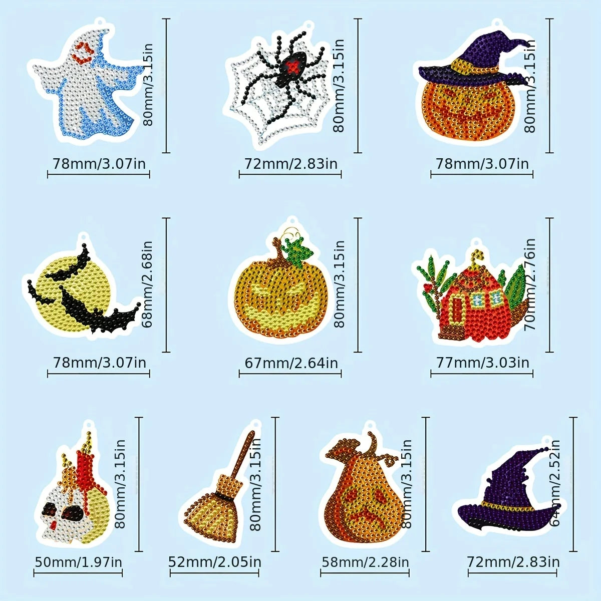 A grid of nine Halloween-themed diamond painting designs with dimensions shown in millimeters and inches, including a ghost, spider, witch pumpkin, bat, jack-o'-lantern, house, candlestick and lantern, broom, pear, and another witch hat.