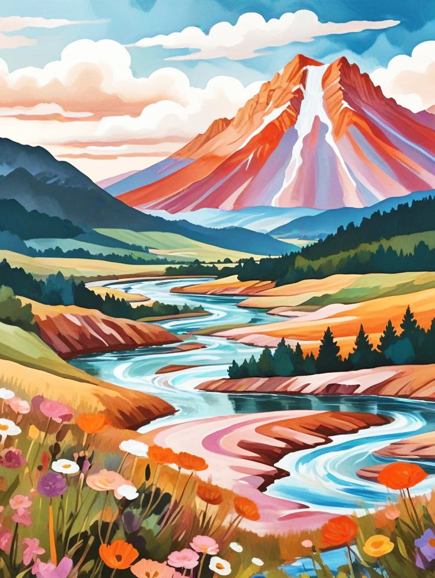 Impressionistic Landscape Paint by Numbers Kit – Mountains, Sunsets & Wildflowers