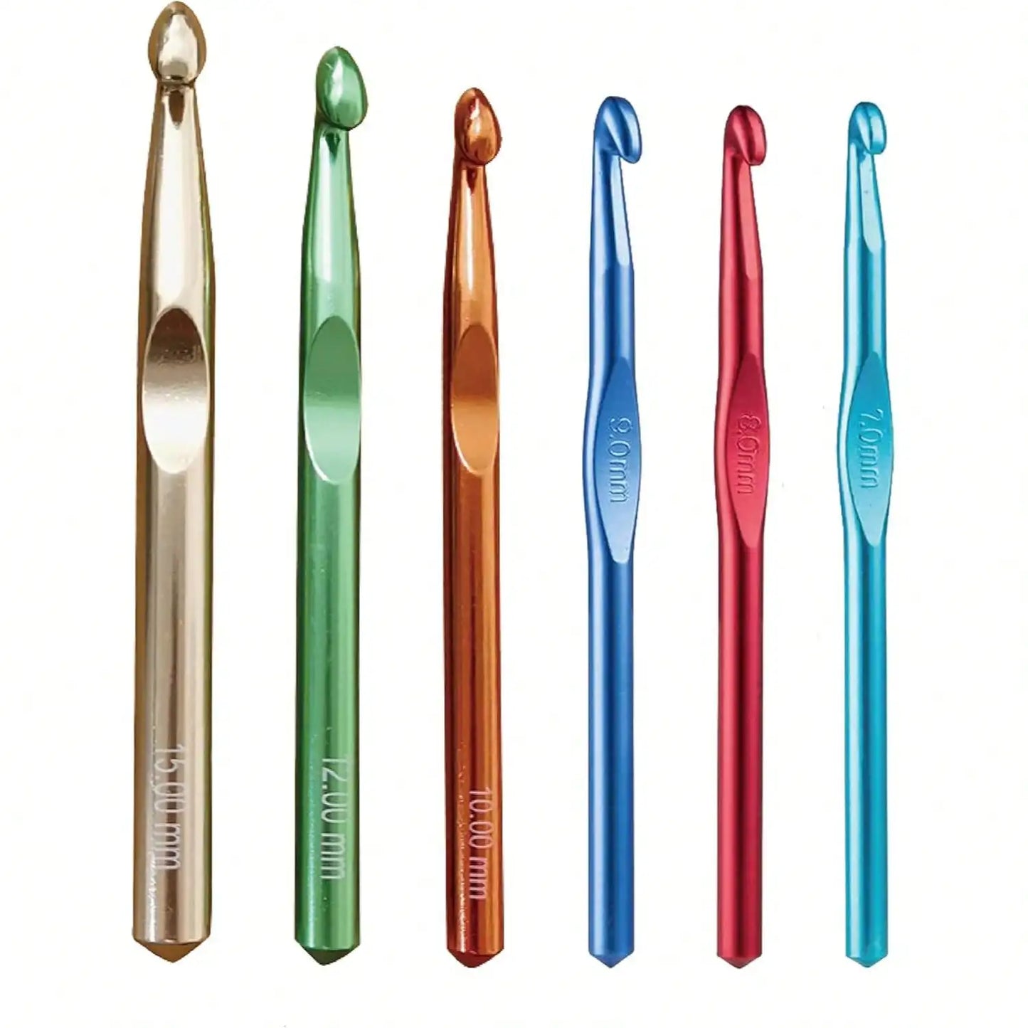 Aluminum Crochet Hooks Set: 7mm, 8mm, 9mm, 10mm, 12mm, 15mm
