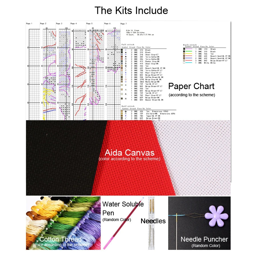 Picture showing what the kit includes, paper char, needles, cotton embroidery thread and unprinted canvas