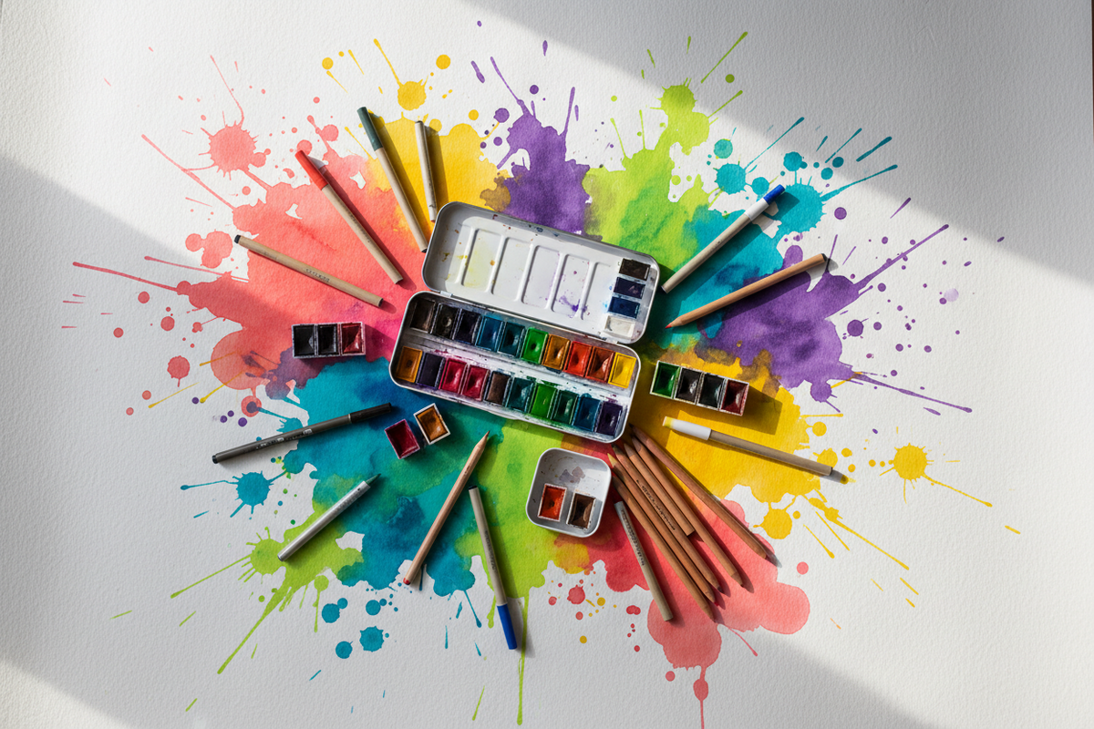 Watercolor Paint, Crayons, Pencils and Pens
