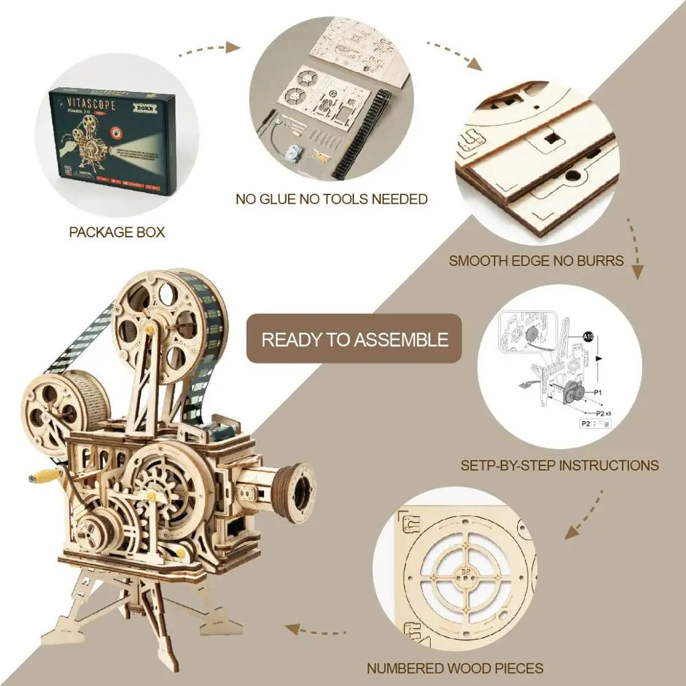 Robotime Hand Crank Projector Classic Film Vitascope 3D Wooden Puzzle Model