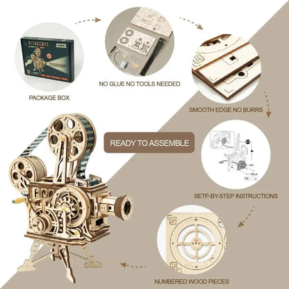 Robotime Hand Crank Projector Classic Film Vitascope 3D Wooden Puzzle Model