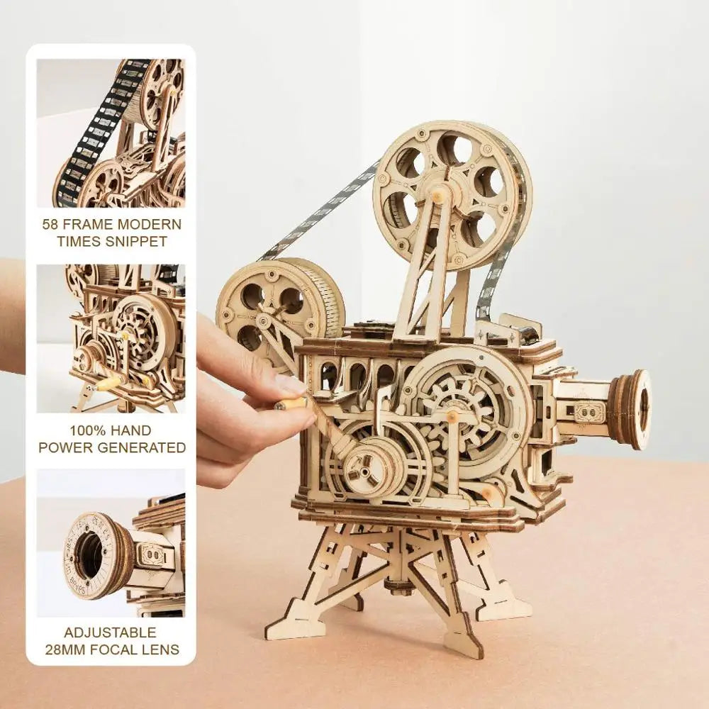 Robotime Hand Crank Projector Classic Film Vitascope 3D Wooden Puzzle Model