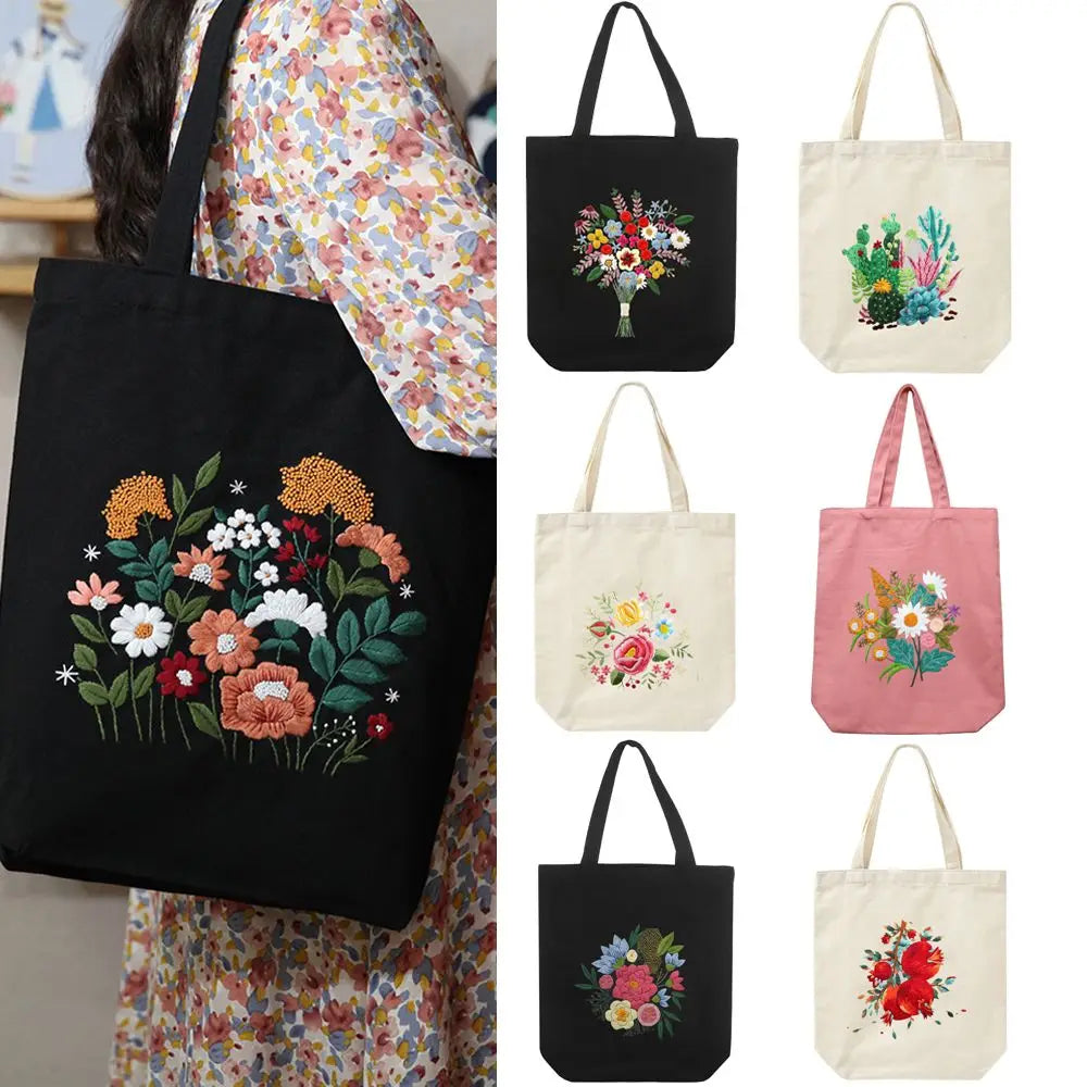 Canvas Tote Bag Embroidery Kit with Flower Pattern and Instructions