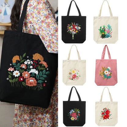 Canvas Tote Bag Embroidery Kit with Flower Pattern and Instructions