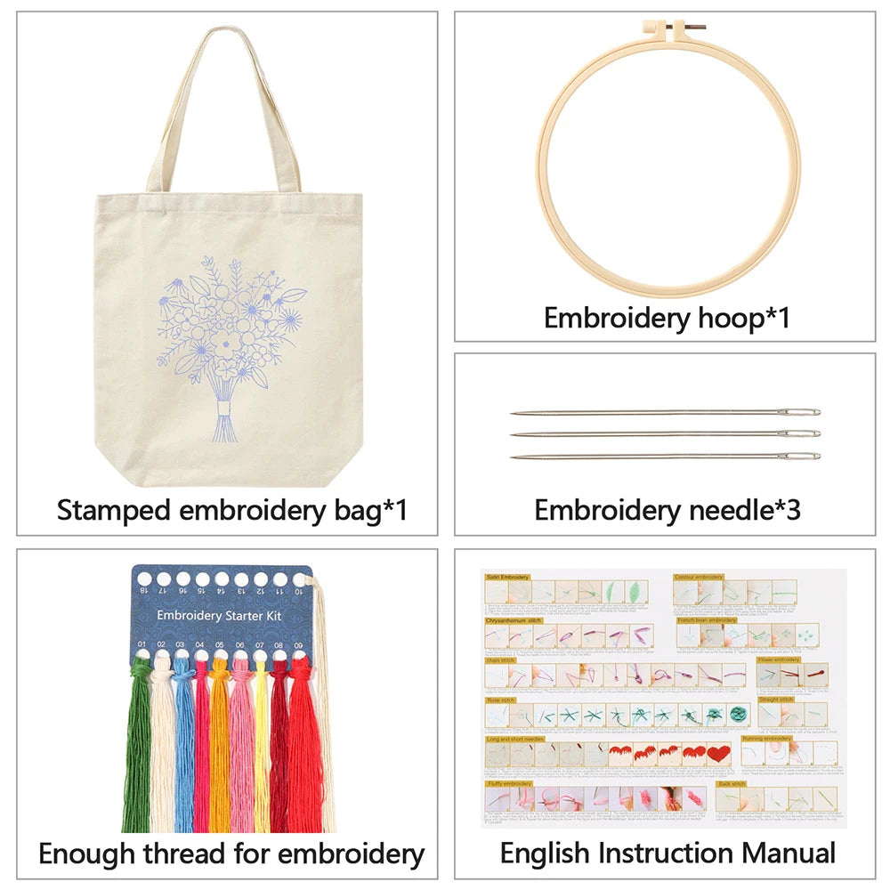 Canvas Tote Bag Embroidery Kit with Flower Pattern and Instructions