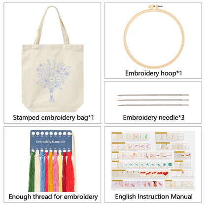 Canvas Tote Bag Embroidery Kit with Flower Pattern and Instructions
