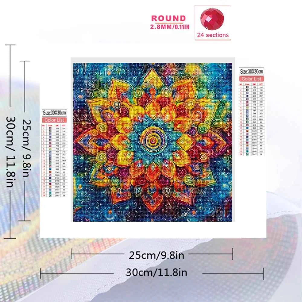 5D Mandala Diamond Painting Kit, Full Drill, Round or Square, 4 Sizes