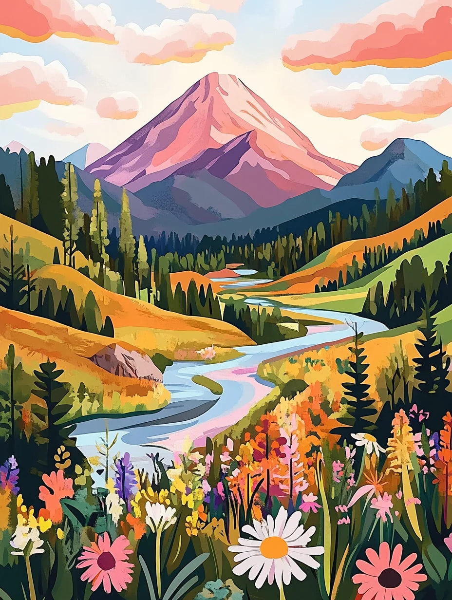 Colorful landscape painting of a mountain, river, and flowers