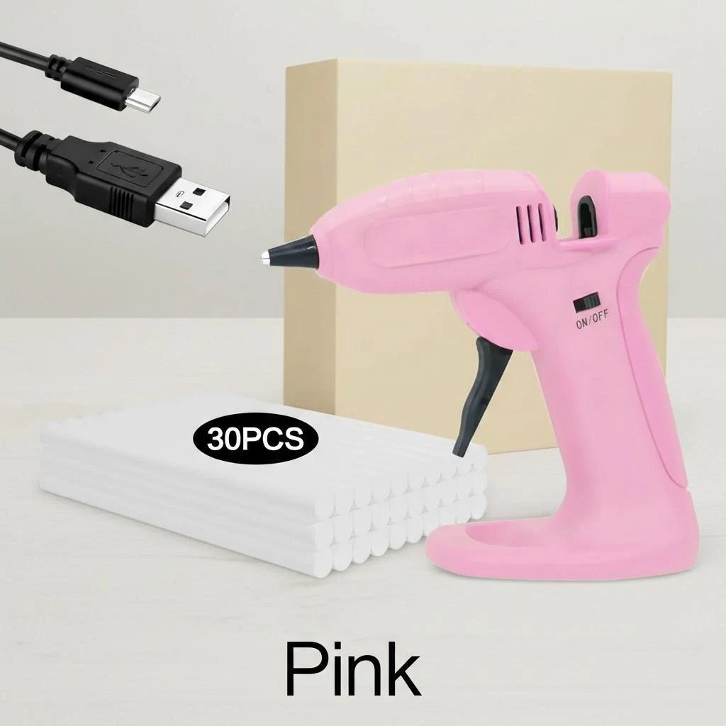 Pink cordless hot glue gun with USB cable 30 pcs of hot glue sticks