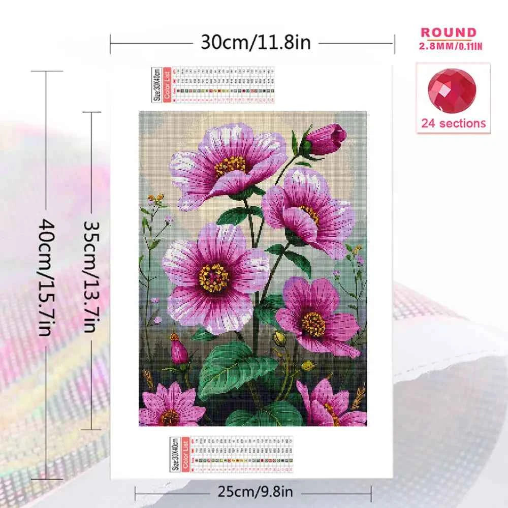 Floral 5D Diamond Painting Kit of Pink Cosmos, Full Drill Round or Square, 4 Sizes