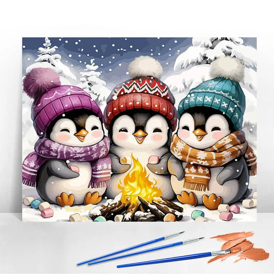 Winter Penguin Paint by Numbers Kit – Cute Cartoon Christmas Canvas, 3 Sizes