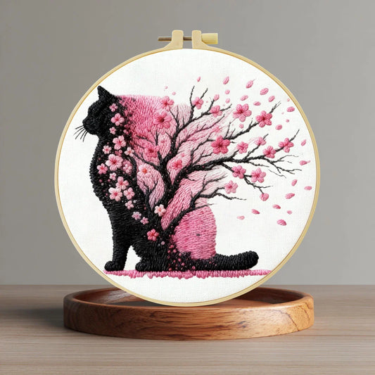 1pc 20X20CM/15X15CM Black Cat and Cherry Blossoms Embroidery Starter Kit DIY Cross Stitch Sewing Art for Gift