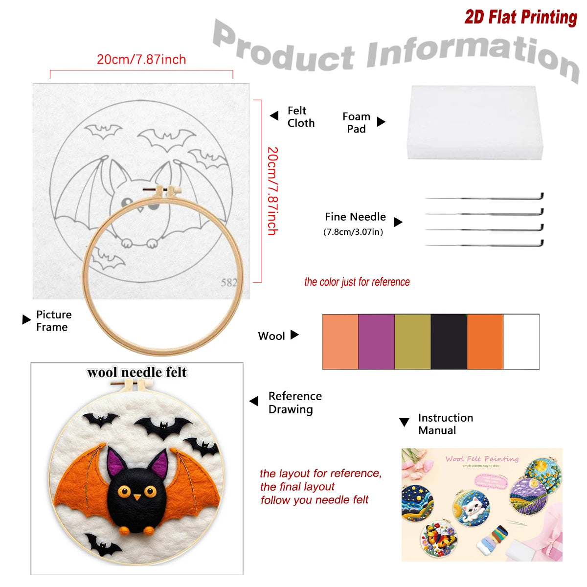 Product information diagram for a needle felt craft kit showing a bat design, dimensions of 20cm by 20cm, felt cloth, foam pad, fine needle, wool color swatches, reference drawing, and instruction manual 