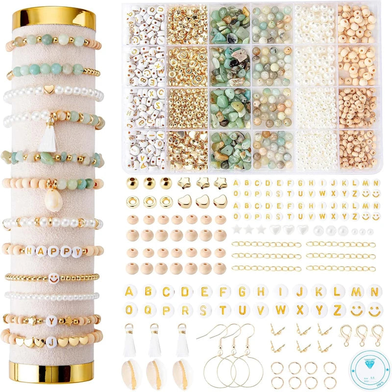 Jewelry-making supplies including stone beads, letter beads, spacers, and jewelry findings, and showing finished jewelry 