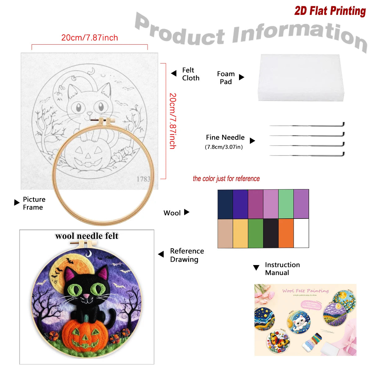 Product information diagram for a 2D flat printing needle felt embroidery kit, showing the finished embroidered circular cat and pumpkin design, materials including felt cloth, foam pad, fine needle, wool, and instruction manual, with a color swatch reference.