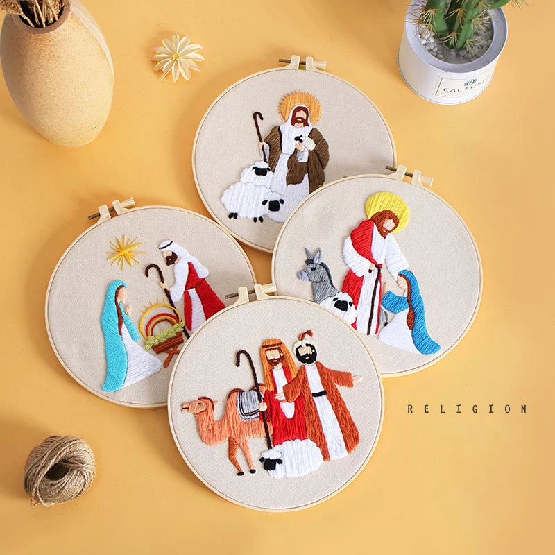 Embroidery hoops with Christmas Nativity-themed designs 