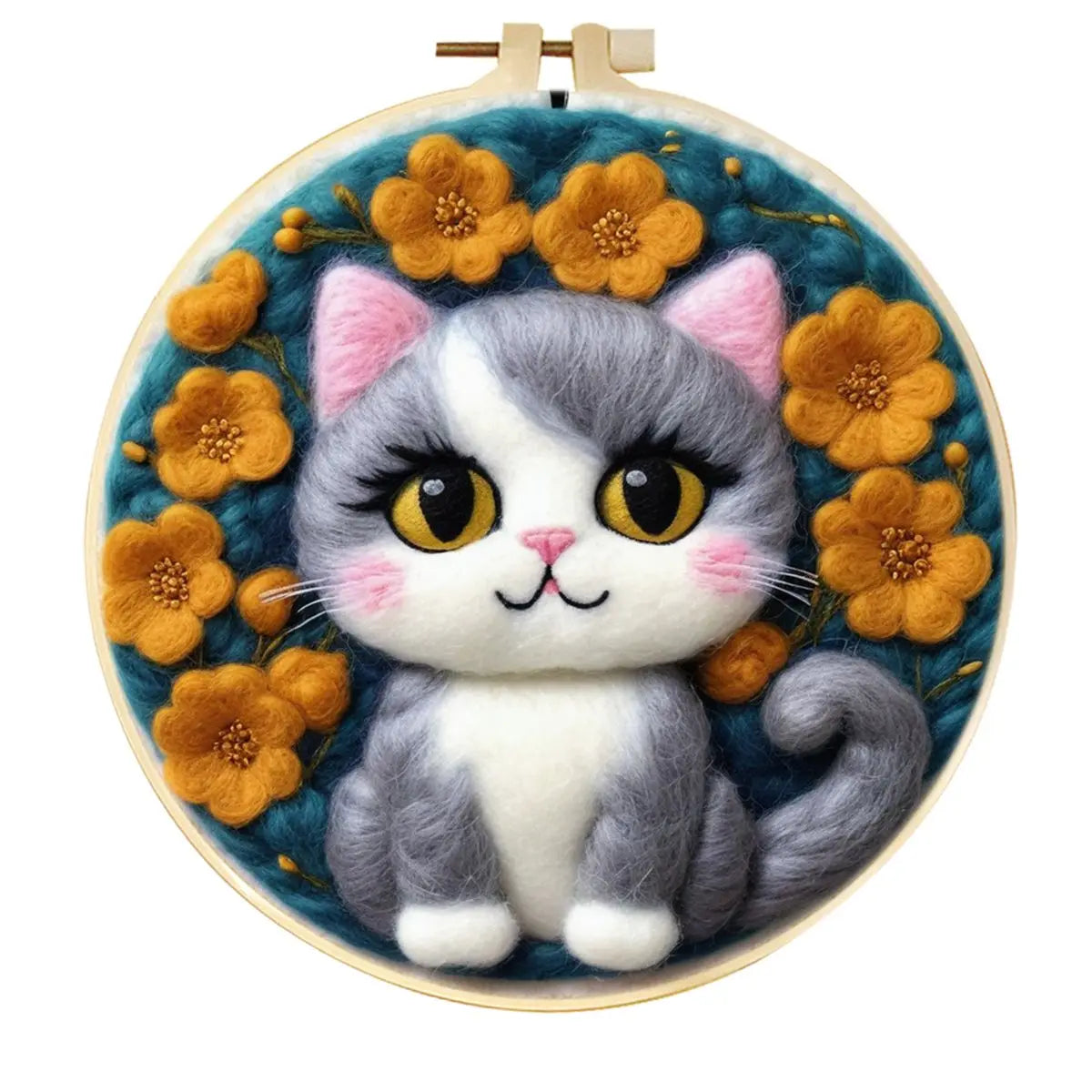 Needle felted grey and white cat with a green-blue background surrounded by orange flowers in a hoop frame