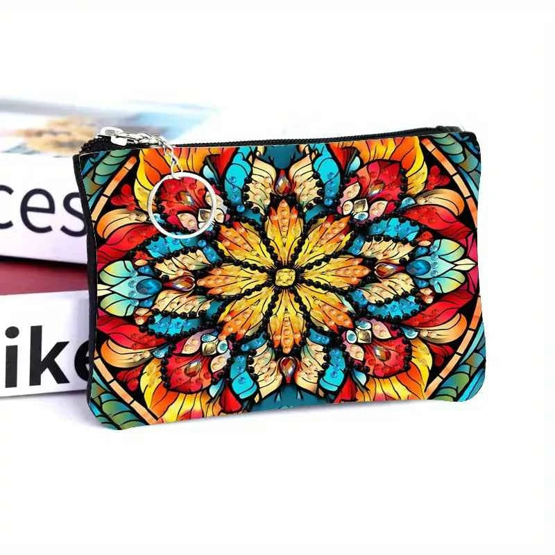 Floral Diamond Art Coin Purse, Small Zippered Leather Bag, 4 Designs