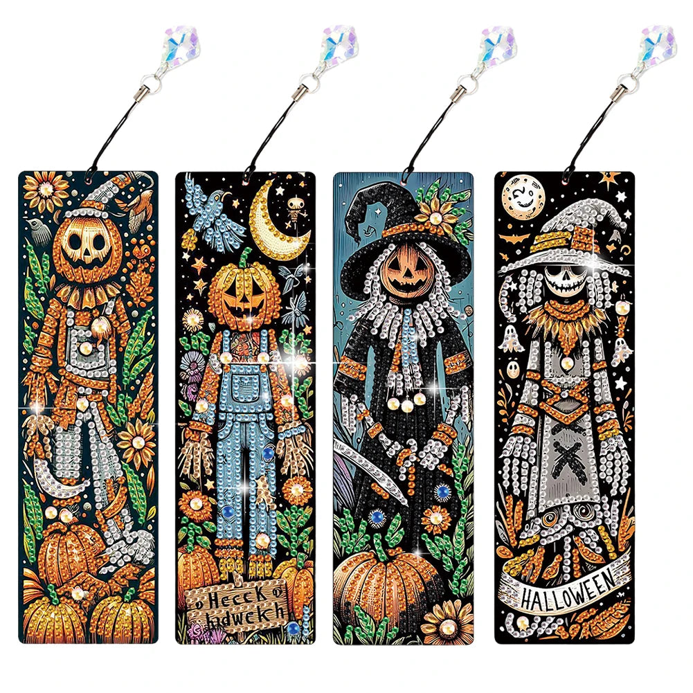 Four Halloween-themed diamond painting bookmarks with colorful, detailed designs of pumpkins, scarecrows, and a skeleton witch on a black background, each with a rhinestone-topped string.