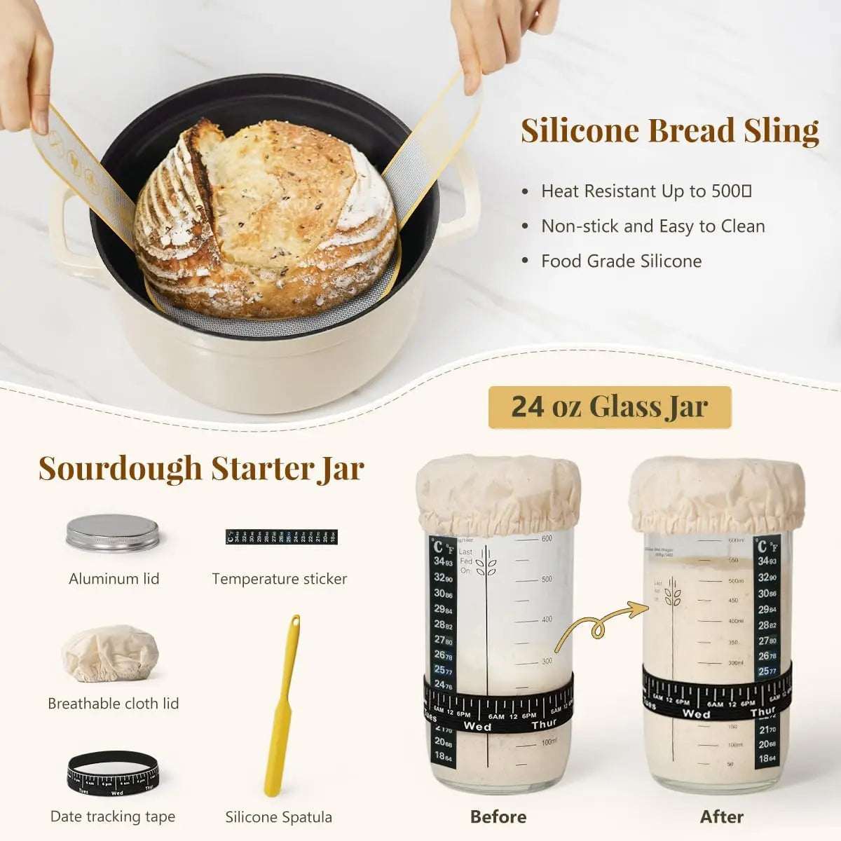 Complete Sourdough Baking Kit with 9" Round & 10" Oval Proofing Baskets, Glass Jar, and Essential Bread Making Tools