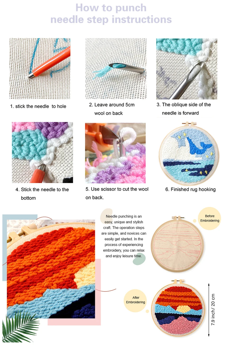 Step-by-step guide on how to punch needle with images and text instructions.