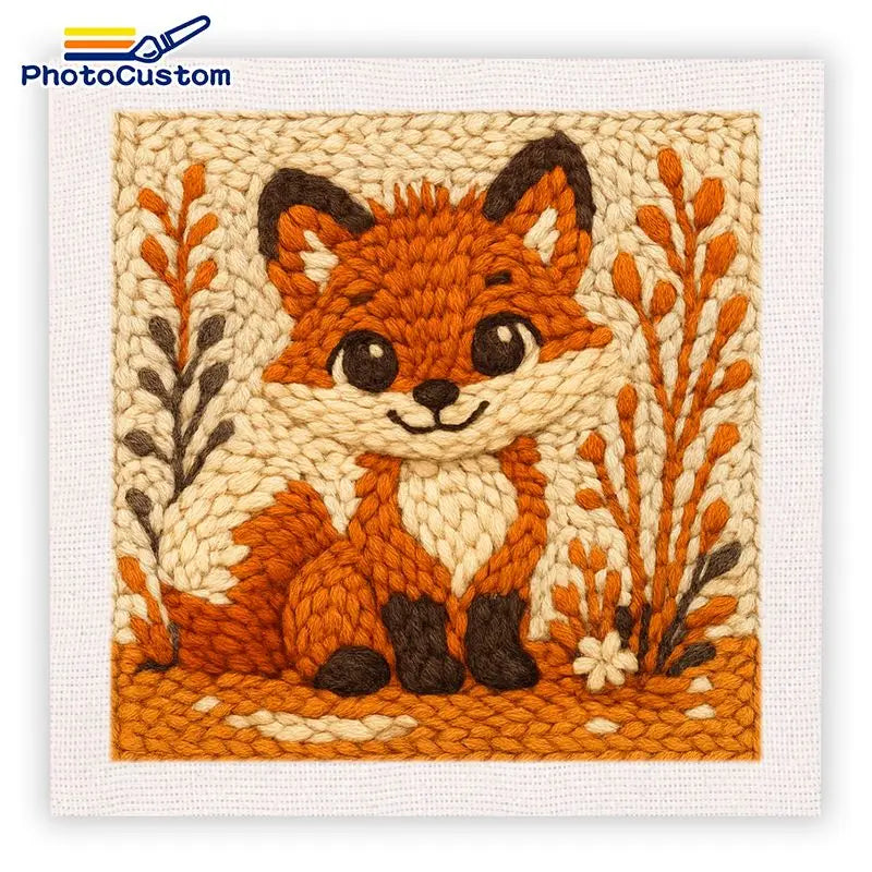 Embroidered fox design on a beige background with 'PhotoCustom' branding.