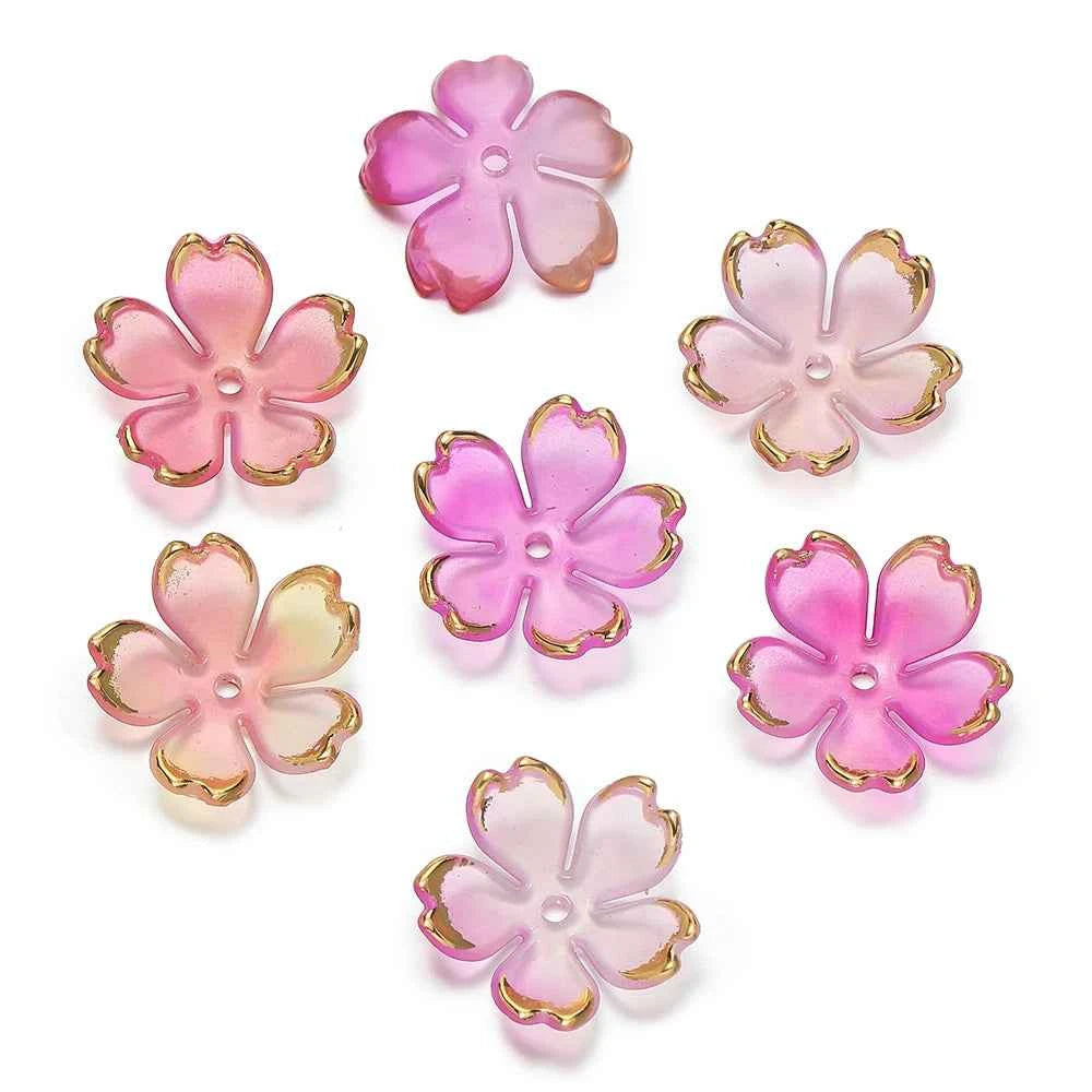 50 pcs Cherry Blossom, Acrylic, Golden Brushed Beads