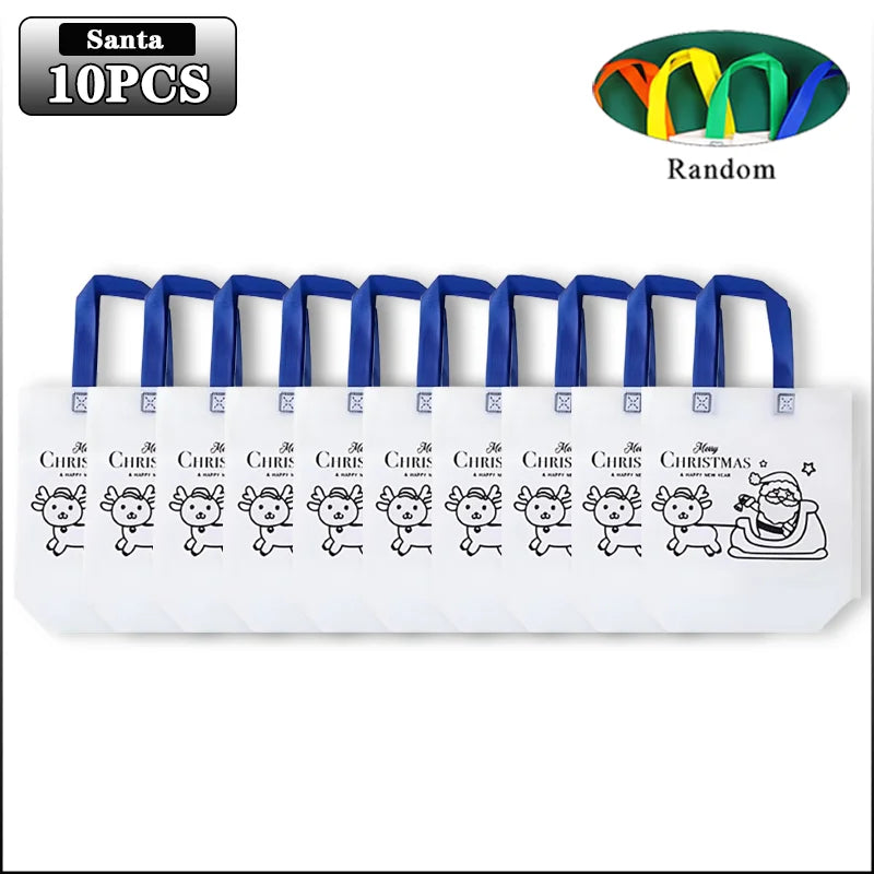 A set of 10 white Christmas-themed shopping bags with blue handles, featuring cartoon reindeer pulling Santa's sleigh.