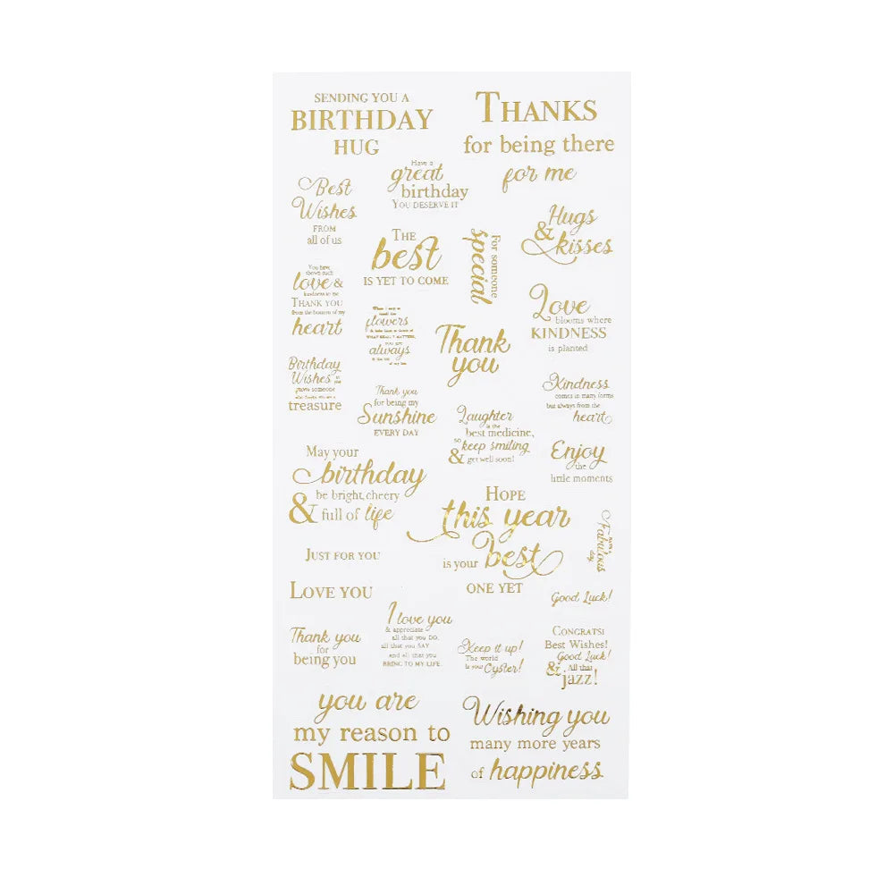 A sheet of clear adhesive stickers printed with various birthday-themed phrases in gold foil lettering