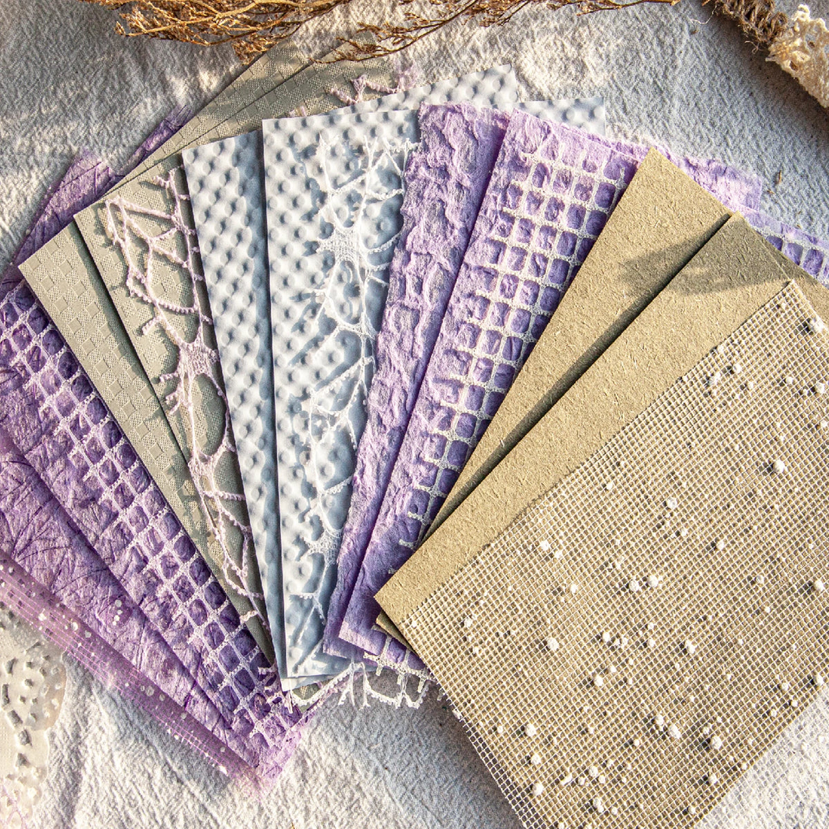16 Sheets/pack Handmade Textured Paper for Scrapbooking, Collage in tan, purple, blue and gray